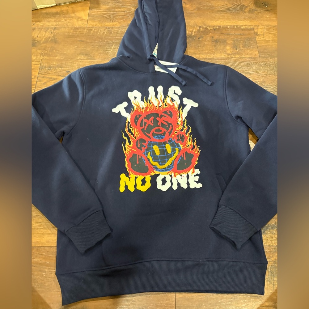 Bleecker and Mercer Navy blue “trust no one” Graphic Bear Hoodie